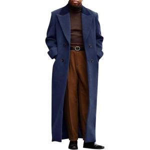 imageRuncati Mens Full Length Trench Coat Notched Lapel Long Jacket Double Breasted Classic Winter OvercoatNavy Blue