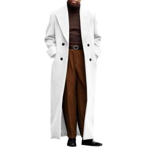imageRuncati Mens Full Length Trench Coat Notched Lapel Long Jacket Double Breasted Classic Winter OvercoatWhite
