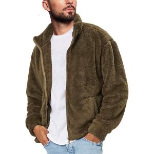 imageRuncati Mens Fuzzy Sherpa Jacket Cardigan Fleece Long Sleeve Full Zip Open Front Thermal Coat Fall Winter OutwearArmy Green