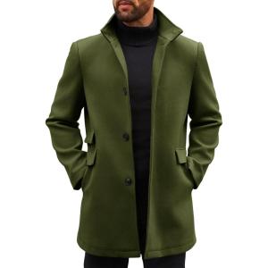 imageRuncati Mens Pea Coats Single Breasted Stand Collar Casual Slim Fit Trench Coat Mid Long Winter Overcoat with PocketsArmy Green