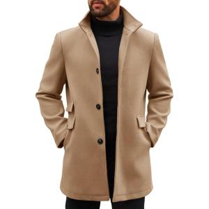 imageRuncati Mens Pea Coats Single Breasted Stand Collar Casual Slim Fit Trench Coat Mid Long Winter Overcoat with PocketsKhaki