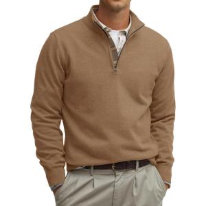 imageRuncati Mens Quarter Zip Pullover Sweater Lightweight Mock Neck Slim Fit Pullover Knit Casual Polo SweatersBrown