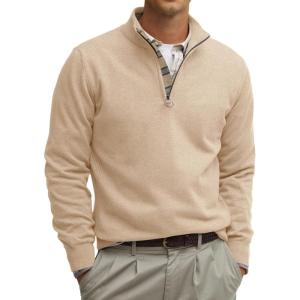 imageRuncati Mens Quarter Zip Pullover Sweater Lightweight Mock Neck Slim Fit Pullover Knit Casual Polo SweatersKhaki