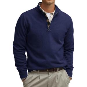 imageRuncati Mens Quarter Zip Pullover Sweater Lightweight Mock Neck Slim Fit Pullover Knit Casual Polo SweatersNavy Blue