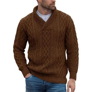 imageRuncati Mens Shawl Collar Sweaters Casual Cable Knit VNeck Slim Fit Fall Winter Lightweight Pullover Sweater KnitwearBrown