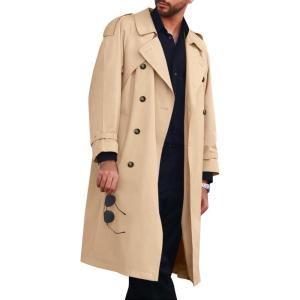 imageRuncati Mens Trench Coat Double Breasted Long Jacket Casual Windbreaker Notched Lapel Belted OvercoatKhaki