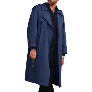 imageRuncati Mens Trench Coat Double Breasted Long Jacket Casual Windbreaker Notched Lapel Belted OvercoatNavy Blue