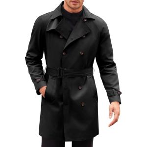 imageRuncati Mens Trench Coat Double Breasted Mid Long Jacket Casual Belted Overcoat Notched Lapel WindbreakerBlack