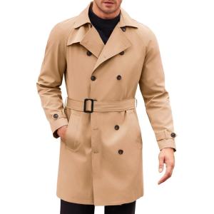 imageRuncati Mens Trench Coat Double Breasted Mid Long Jacket Casual Belted Overcoat Notched Lapel WindbreakerKhaki