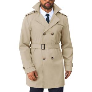 imageRuncati Mens Trench Coat Double Breasted Notched Lapel Long Jacket Belted Windbreaker Casual Slim Fit OvercoatKhaki