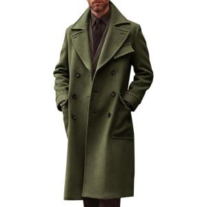 imageRuncati Mens Trench Coat Notch Lapel Double Breasted Peacoat Wool Blend Casual Long OvercoatArmy Green