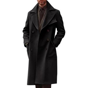 imageRuncati Mens Trench Coat Notch Lapel Double Breasted Peacoat Wool Blend Casual Long OvercoatBlack