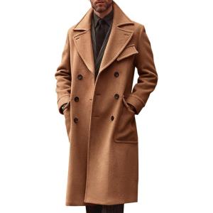 imageRuncati Mens Trench Coat Notch Lapel Double Breasted Peacoat Wool Blend Casual Long OvercoatBrown