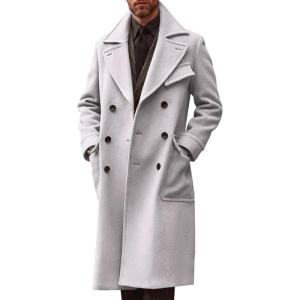 imageRuncati Mens Trench Coat Notch Lapel Double Breasted Peacoat Wool Blend Casual Long OvercoatGrey
