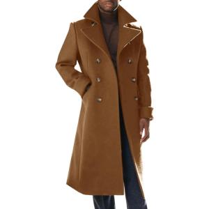 imageRuncati Mens Trench Coat Notch Lapel Slim Fit Double Breasted Wool Blend Long Pea Coat Winter Warm OvercoatBrown