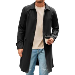 imageRuncati Mens Trench Coat Slim Fit Single Breasted Long Windbreaker Jacket Classic Lapel Casual OvercoatBlack