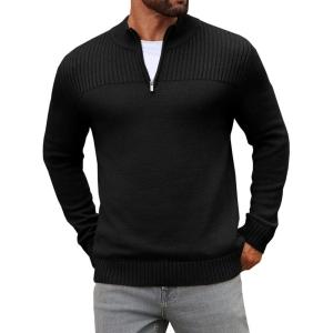imageRuncati Mens Quarter Zip Sweater Long Sleeve Slim Fit Pullover Mock Neck Casual Ribbed Knit Polo SweatersBlack