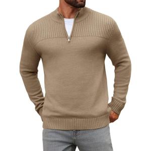 imageRuncati Mens Quarter Zip Sweater Long Sleeve Slim Fit Pullover Mock Neck Casual Ribbed Knit Polo SweatersKhaki