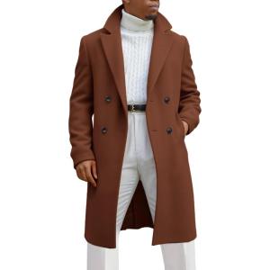 imageRuncati Mens Trench Coat Notched Lapel Double Breasted Mid Long Pea Coat Casual Fall Winter Classic OvercoatBrown