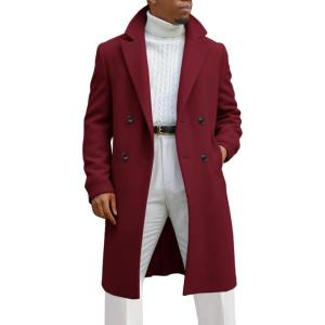 imageRuncati Mens Trench Coat Notched Lapel Double Breasted Mid Long Pea Coat Casual Fall Winter Classic OvercoatBurgundy