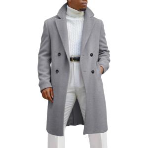 imageRuncati Mens Trench Coat Notched Lapel Double Breasted Mid Long Pea Coat Casual Fall Winter Classic OvercoatGrey