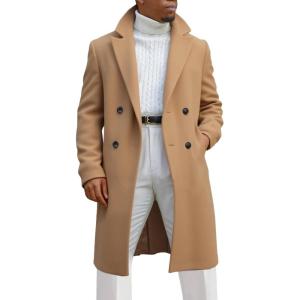 imageRuncati Mens Trench Coat Notched Lapel Double Breasted Mid Long Pea Coat Casual Fall Winter Classic OvercoatKhaki
