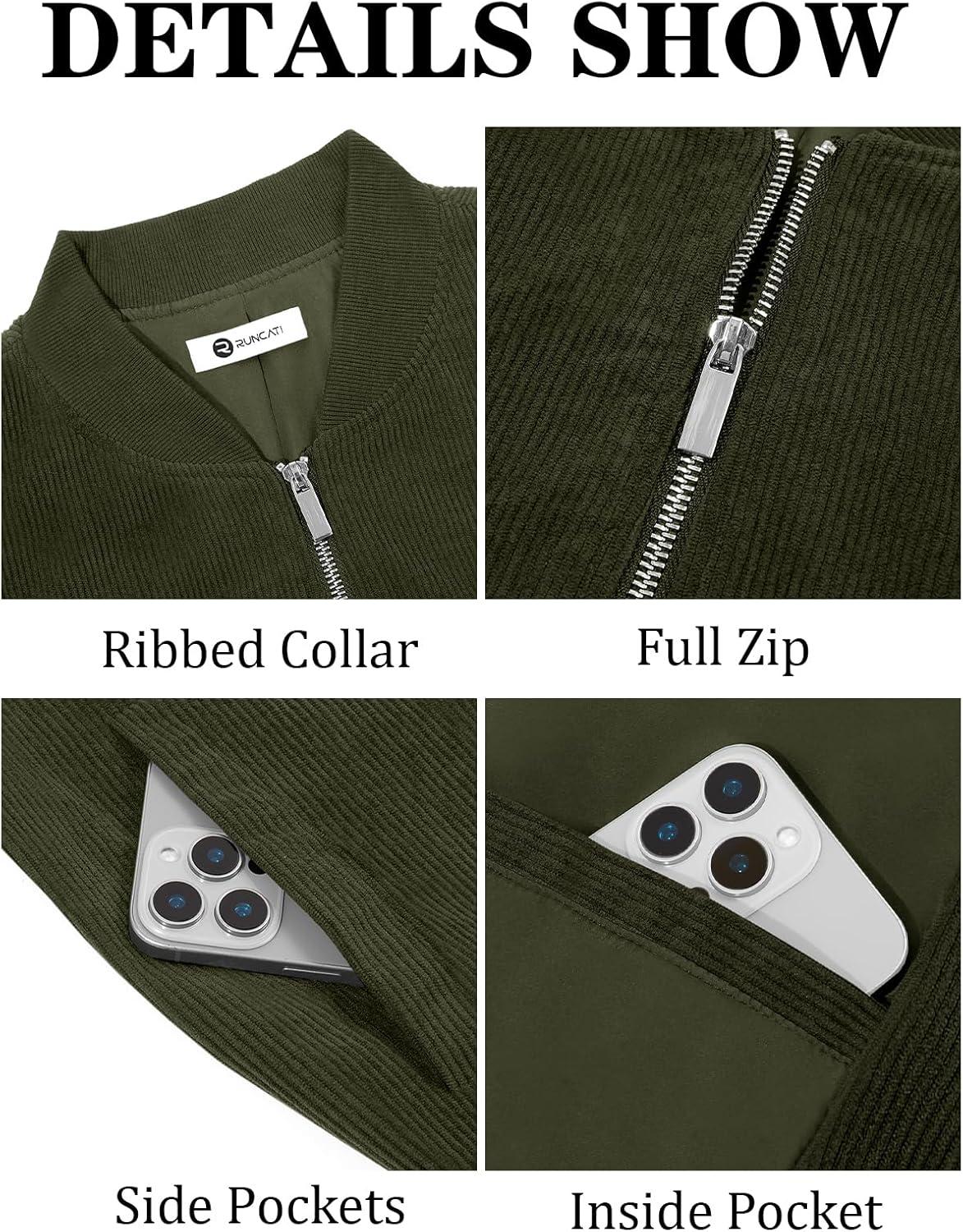 imageRuncati Mens Corduroy Bomber Jacket Lightweight Zip Up Casual Vintage Fall Varsity Jacket with PocketsArmy Green