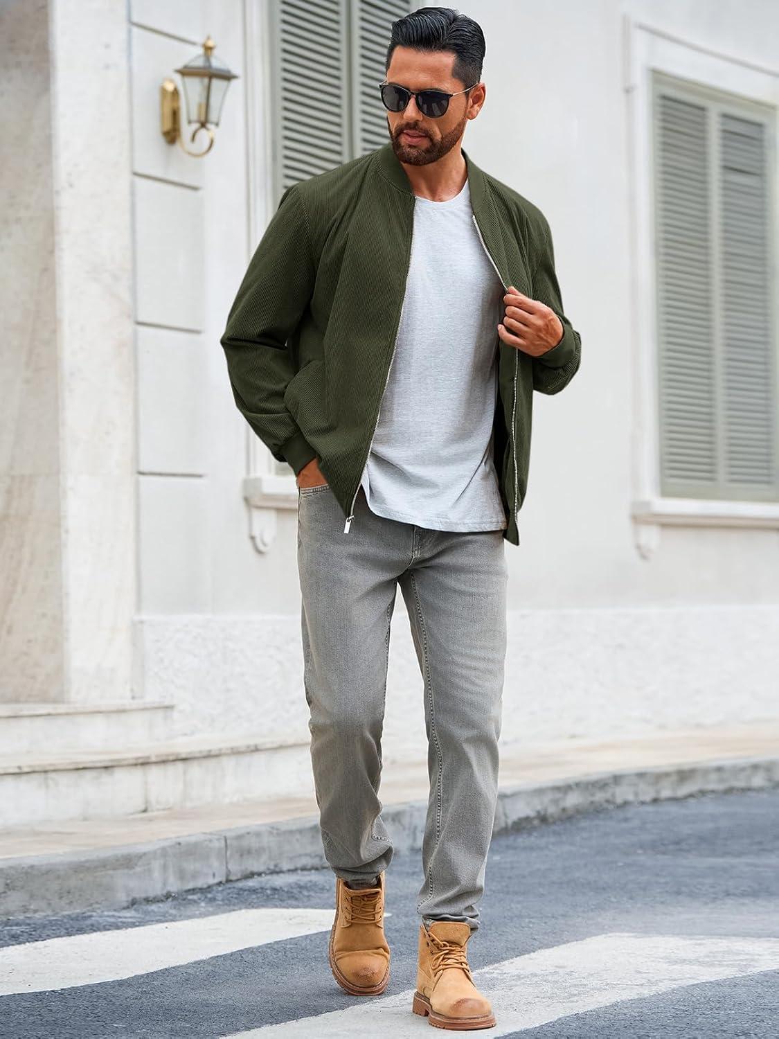 imageRuncati Mens Corduroy Bomber Jacket Lightweight Zip Up Casual Vintage Fall Varsity Jacket with PocketsArmy Green