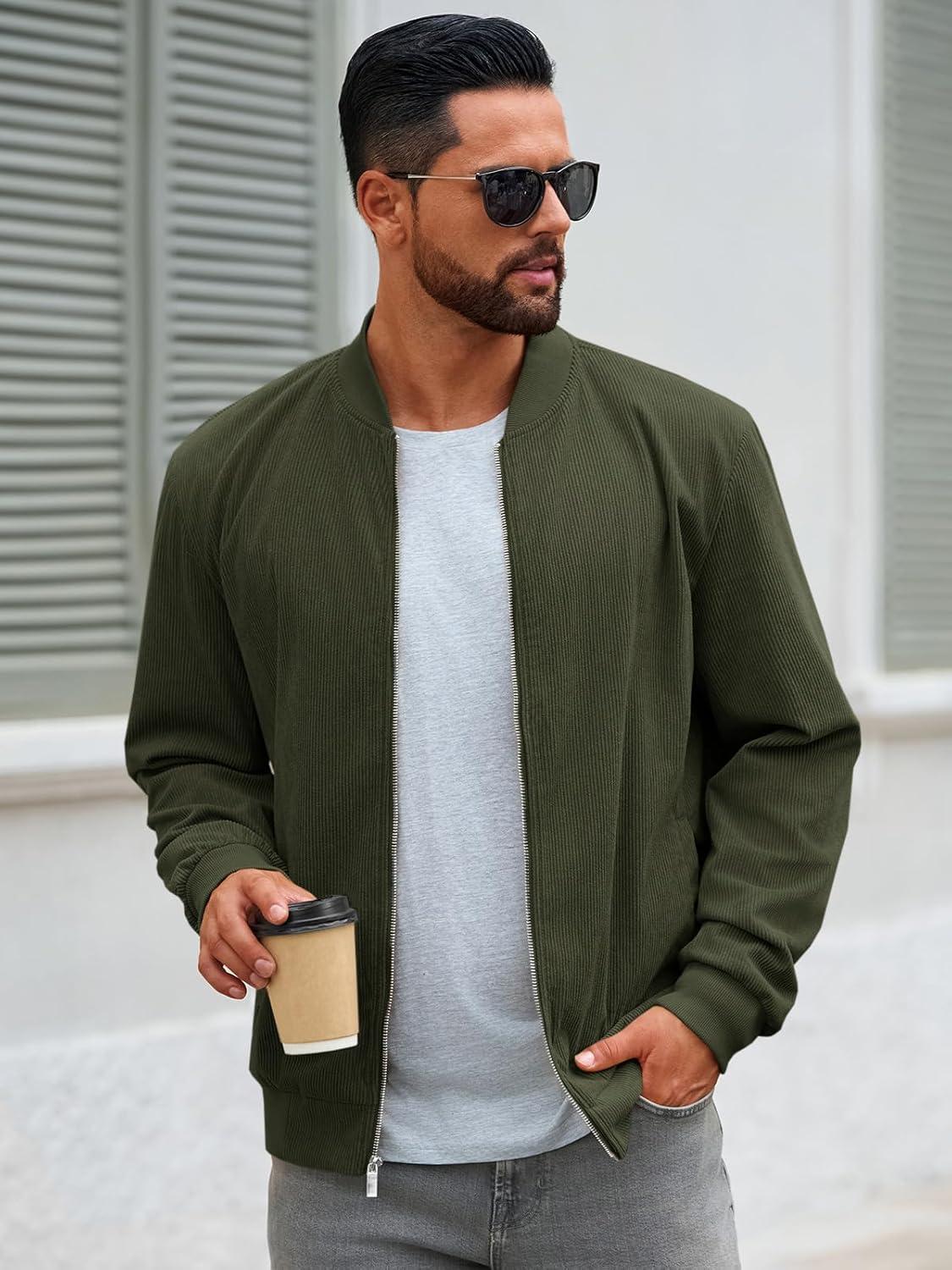 imageRuncati Mens Corduroy Bomber Jacket Lightweight Zip Up Casual Vintage Fall Varsity Jacket with PocketsArmy Green