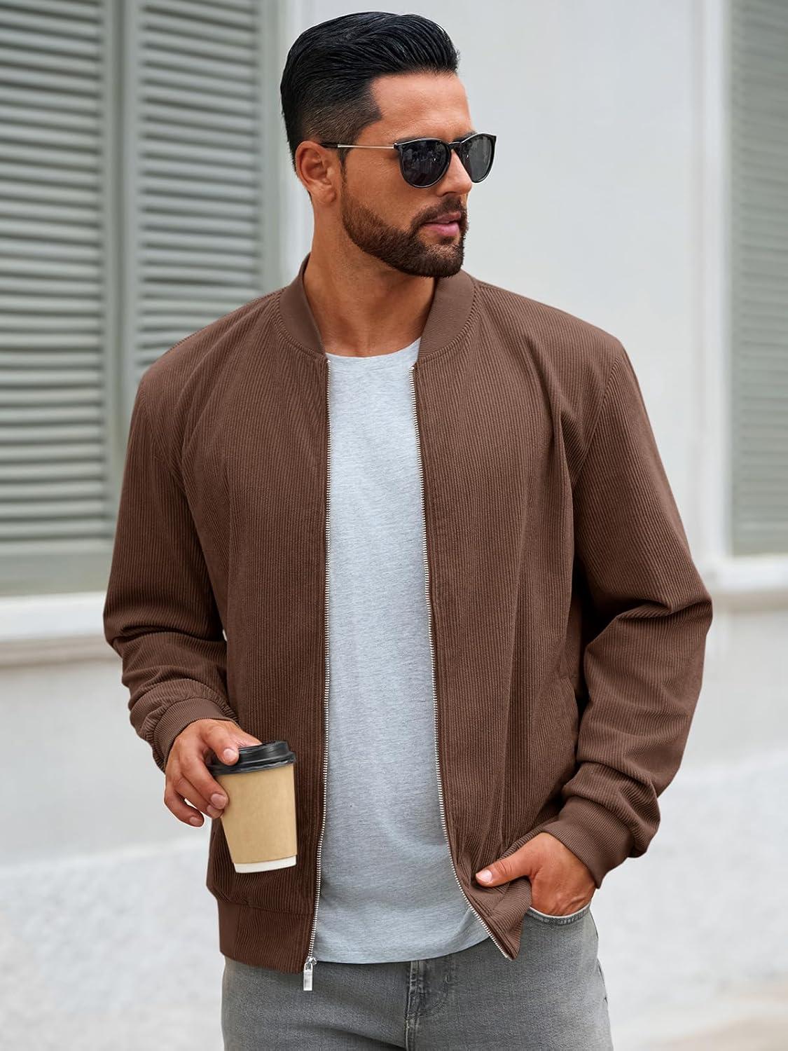 imageRuncati Mens Corduroy Bomber Jacket Lightweight Zip Up Casual Vintage Fall Varsity Jacket with PocketsBrown