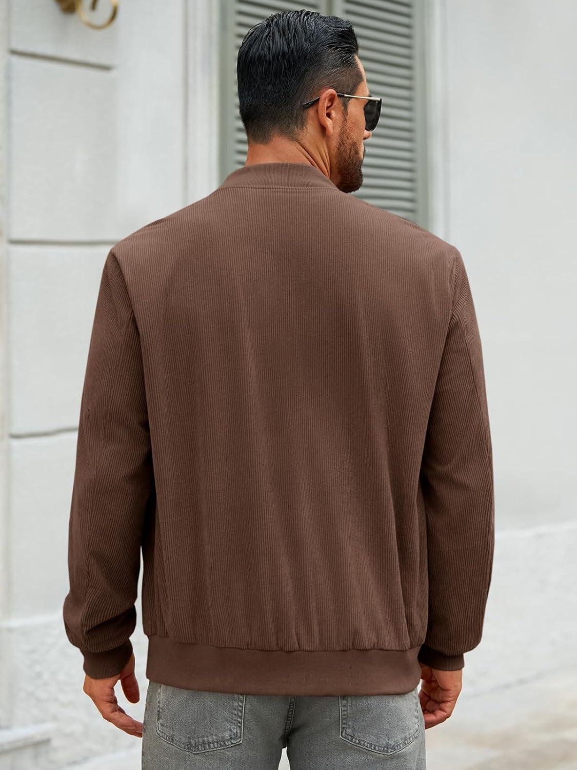imageRuncati Mens Corduroy Bomber Jacket Lightweight Zip Up Casual Vintage Fall Varsity Jacket with PocketsBrown
