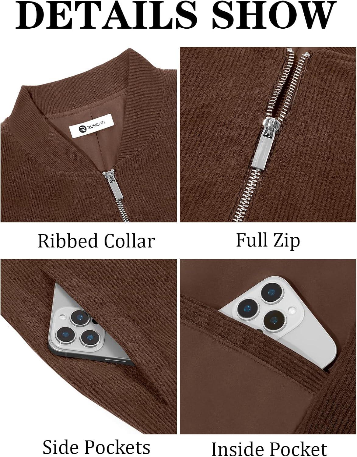 imageRuncati Mens Corduroy Bomber Jacket Lightweight Zip Up Casual Vintage Fall Varsity Jacket with PocketsBrown