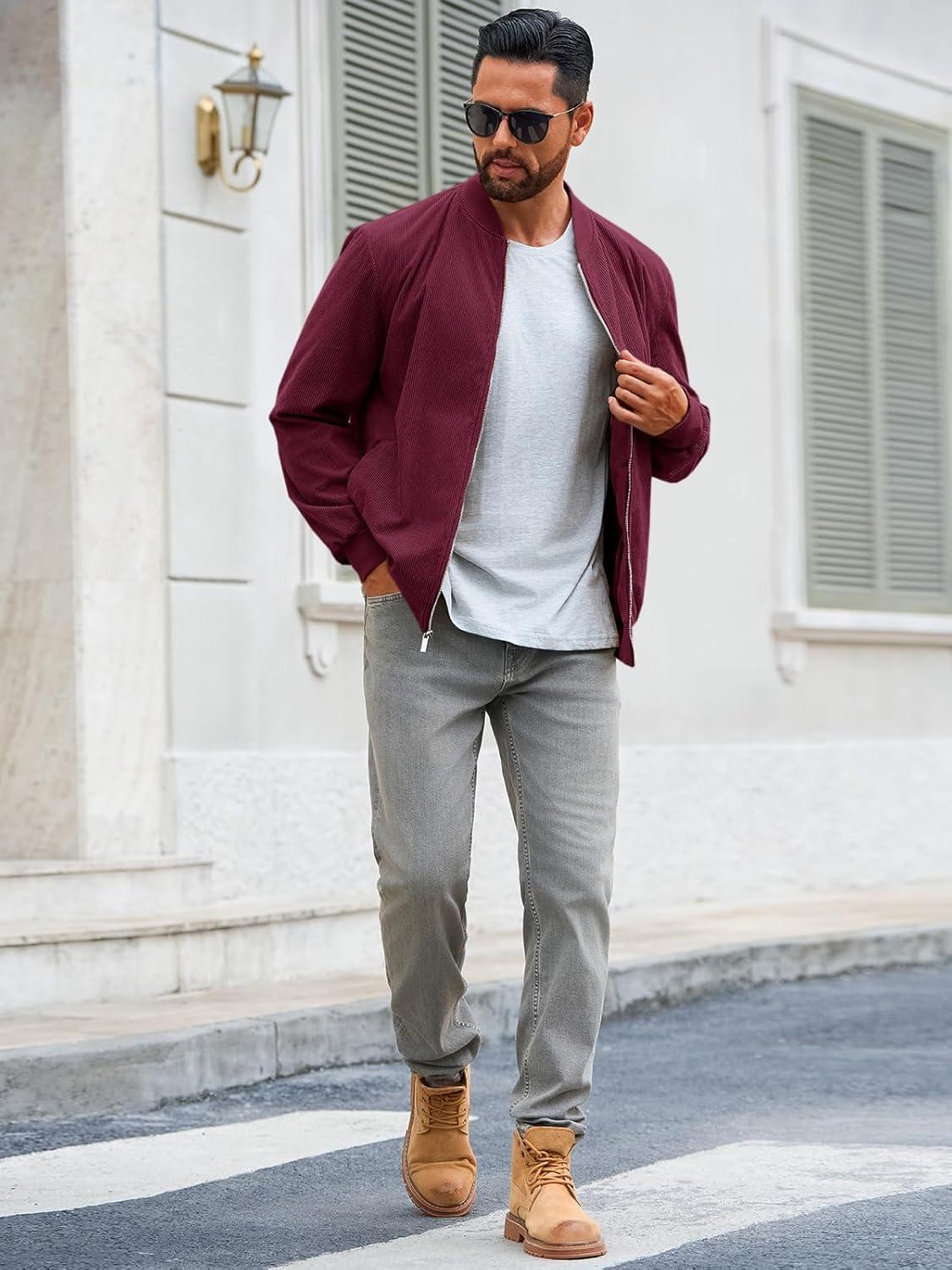 imageRuncati Mens Corduroy Bomber Jacket Lightweight Zip Up Casual Vintage Fall Varsity Jacket with PocketsBurgundy