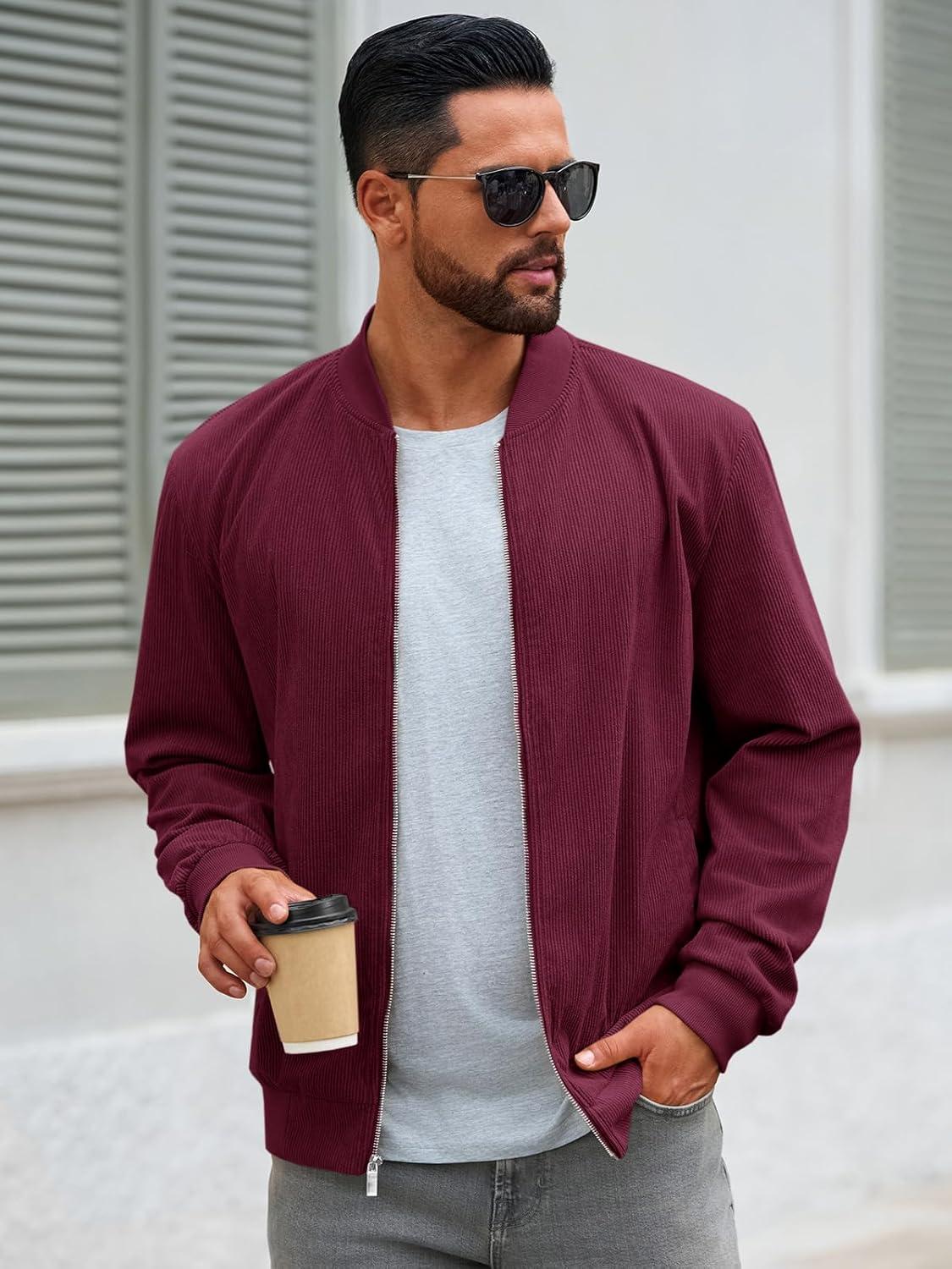 imageRuncati Mens Corduroy Bomber Jacket Lightweight Zip Up Casual Vintage Fall Varsity Jacket with PocketsBurgundy