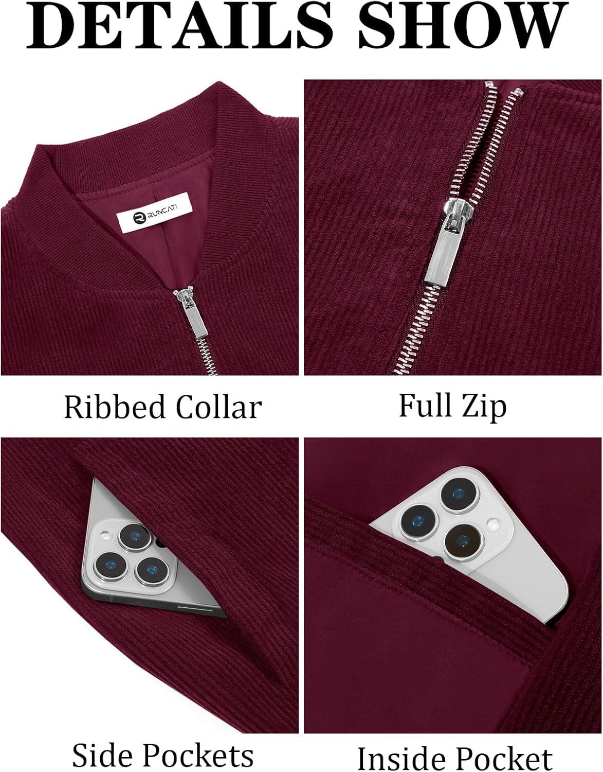 imageRuncati Mens Corduroy Bomber Jacket Lightweight Zip Up Casual Vintage Fall Varsity Jacket with PocketsBurgundy