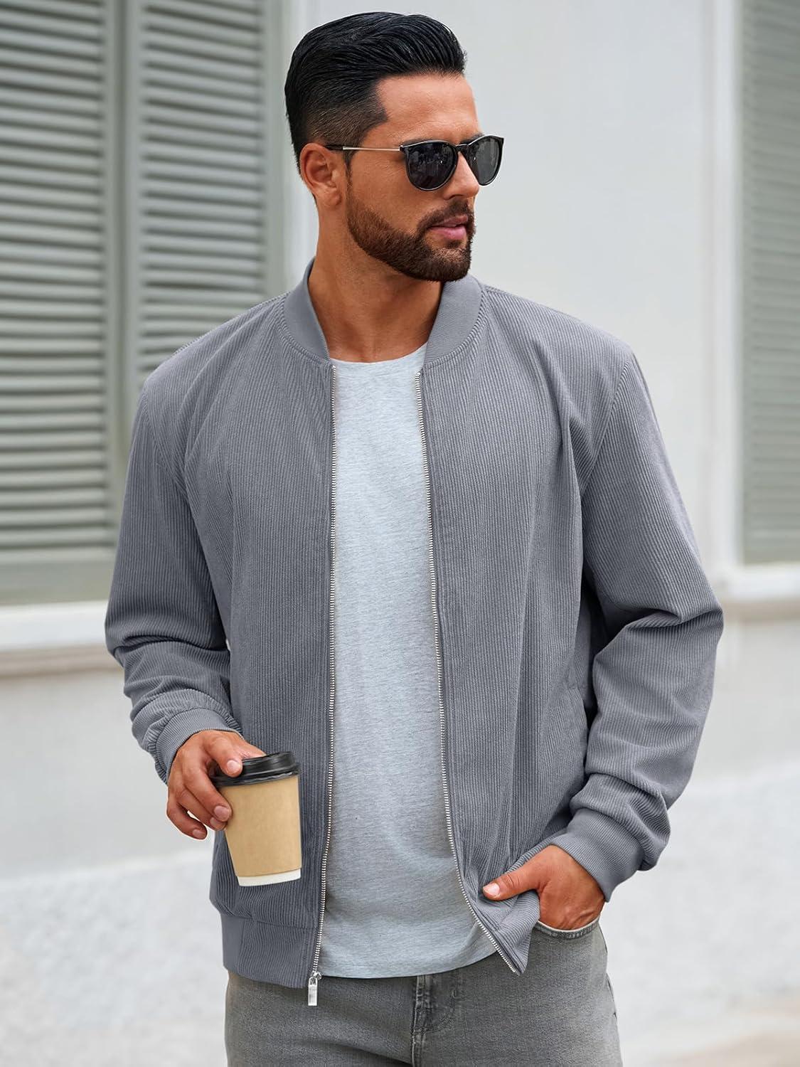 imageRuncati Mens Corduroy Bomber Jacket Lightweight Zip Up Casual Vintage Fall Varsity Jacket with PocketsGrey