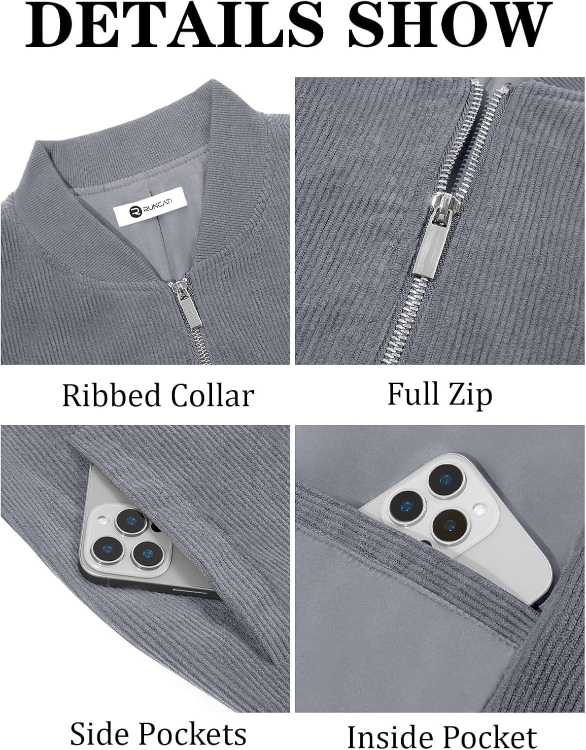 imageRuncati Mens Corduroy Bomber Jacket Lightweight Zip Up Casual Vintage Fall Varsity Jacket with PocketsGrey