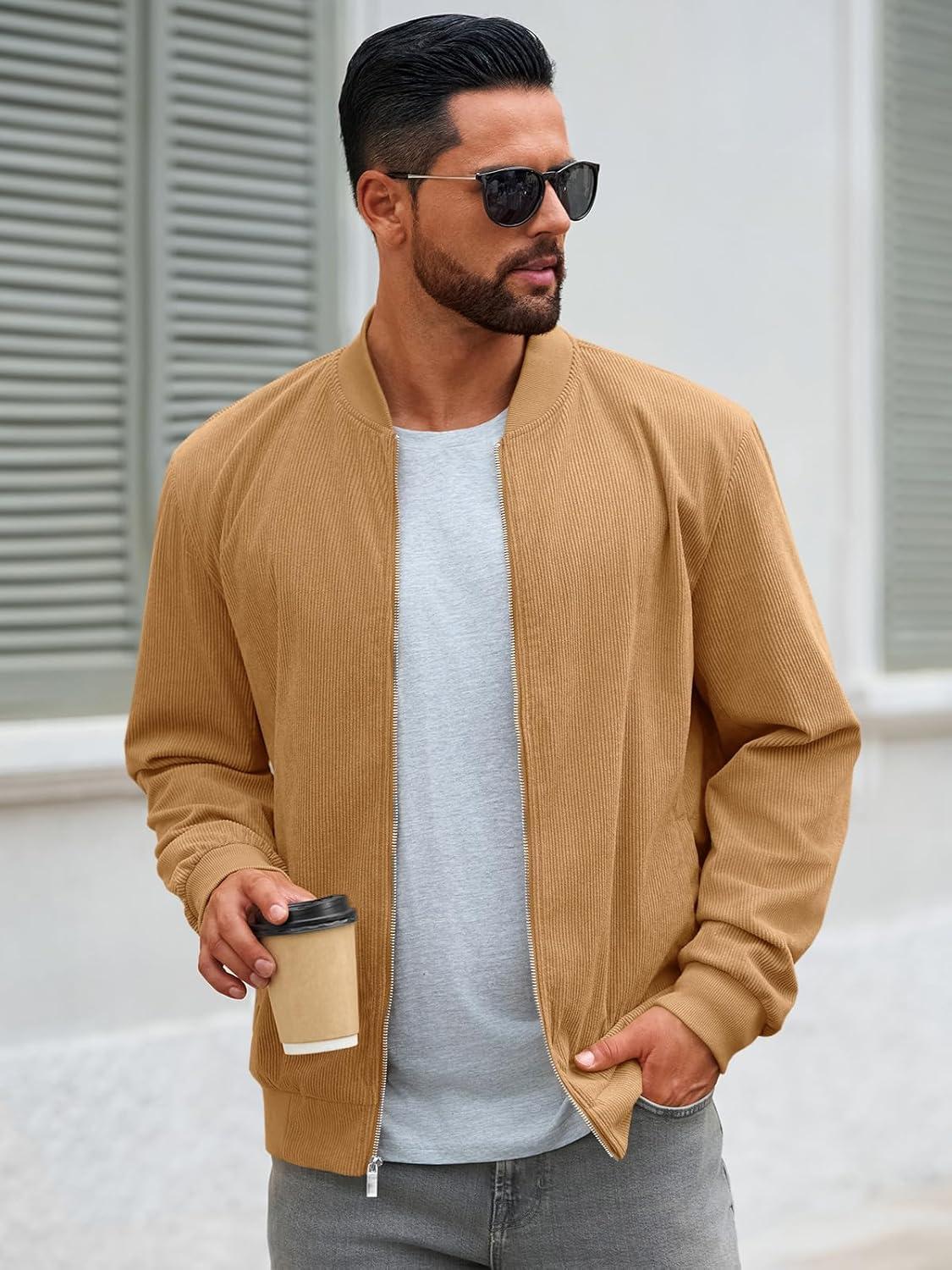 imageRuncati Mens Corduroy Bomber Jacket Lightweight Zip Up Casual Vintage Fall Varsity Jacket with PocketsKhaki