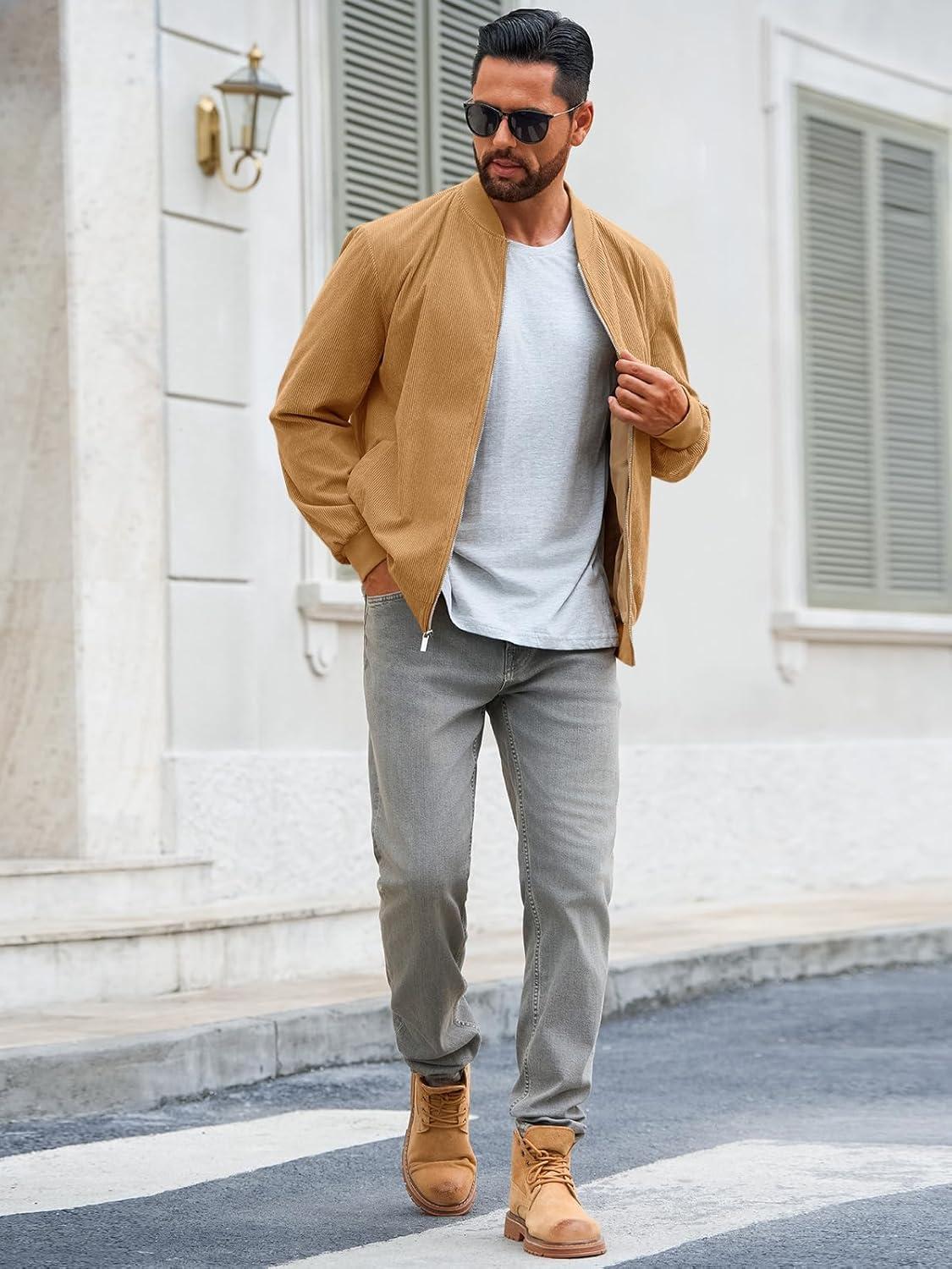 imageRuncati Mens Corduroy Bomber Jacket Lightweight Zip Up Casual Vintage Fall Varsity Jacket with PocketsKhaki