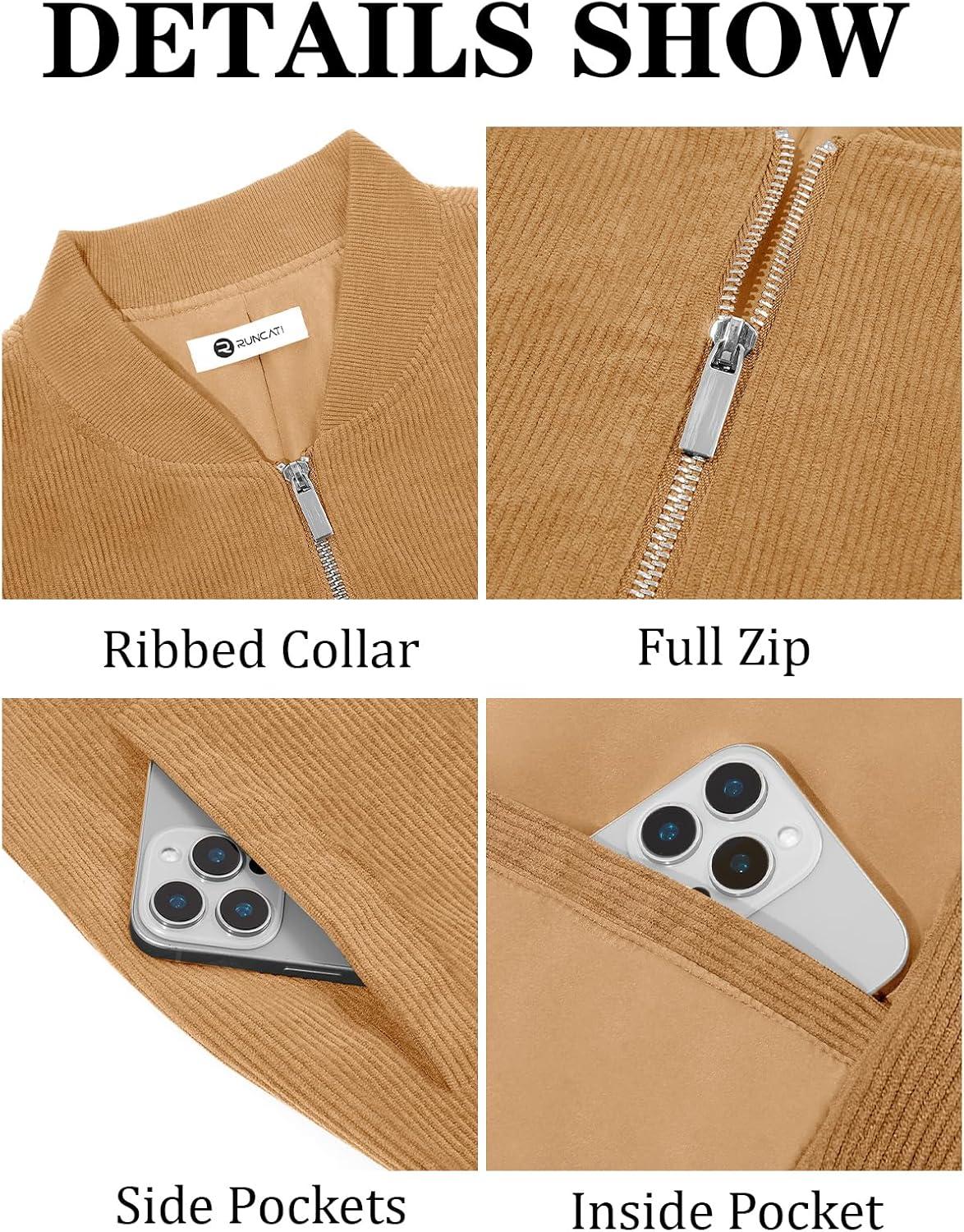 imageRuncati Mens Corduroy Bomber Jacket Lightweight Zip Up Casual Vintage Fall Varsity Jacket with PocketsKhaki
