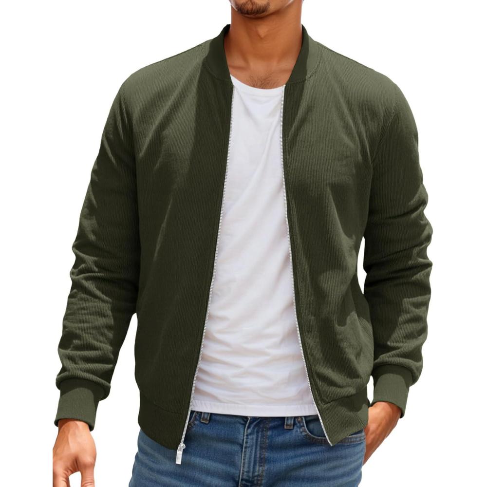 imageRuncati Mens Corduroy Bomber Jacket Lightweight Zip Up Casual Vintage Fall Varsity Jacket with PocketsArmy Green