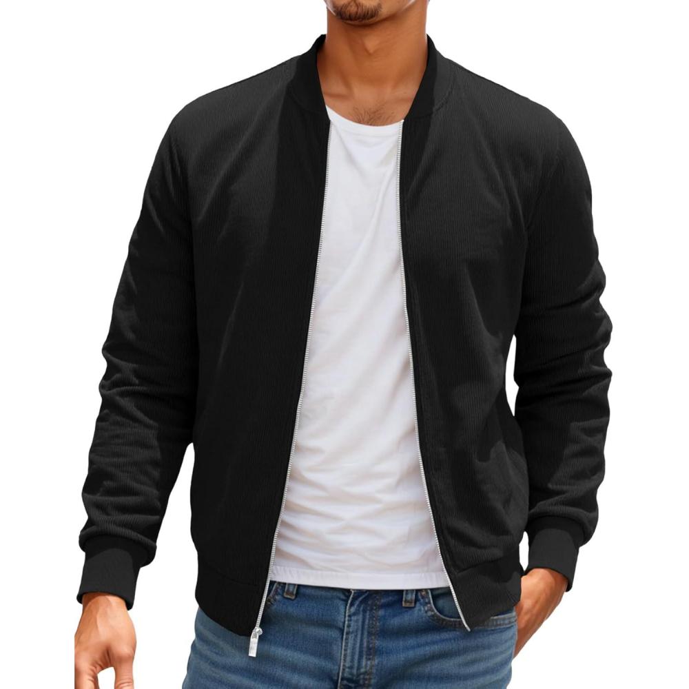 imageRuncati Mens Corduroy Bomber Jacket Lightweight Zip Up Casual Vintage Fall Varsity Jacket with PocketsBlack