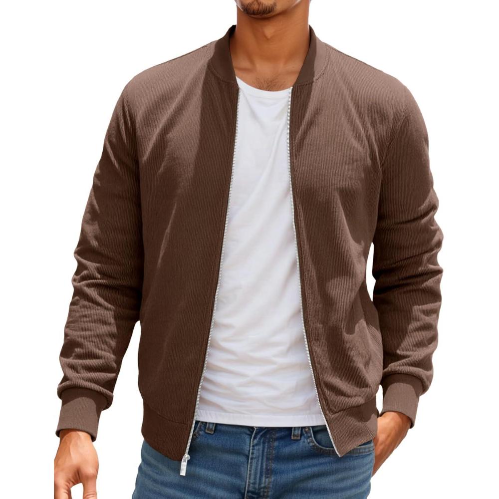 imageRuncati Mens Corduroy Bomber Jacket Lightweight Zip Up Casual Vintage Fall Varsity Jacket with PocketsBrown