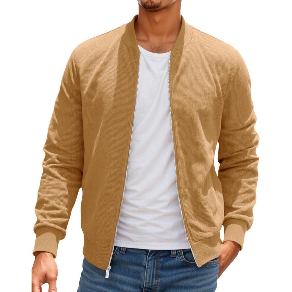 imageRuncati Mens Corduroy Bomber Jacket Lightweight Zip Up Casual Vintage Fall Varsity Jacket with PocketsKhaki