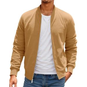 imageRuncati Mens Corduroy Bomber Jacket Lightweight Zip Up Casual Vintage Fall Varsity Jacket with PocketsKhaki