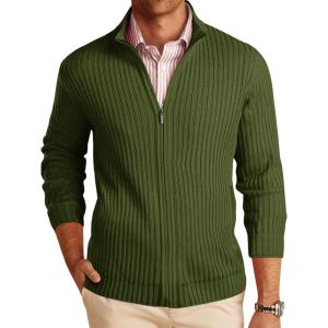 imageRuncati Mens Full Zip Cardigan Sweater Casual Mock Neck Ribbed Knitted Winter Chunky SweatersArmy Green