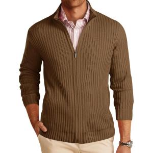 imageRuncati Mens Full Zip Cardigan Sweater Casual Mock Neck Ribbed Knitted Winter Chunky SweatersBrown