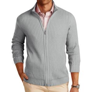imageRuncati Mens Full Zip Cardigan Sweater Casual Mock Neck Ribbed Knitted Winter Chunky SweatersGray