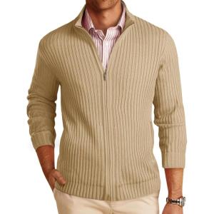 imageRuncati Mens Full Zip Cardigan Sweater Casual Mock Neck Ribbed Knitted Winter Chunky SweatersKhaki
