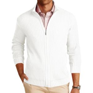 imageRuncati Mens Full Zip Cardigan Sweater Casual Mock Neck Ribbed Knitted Winter Chunky SweatersWhite